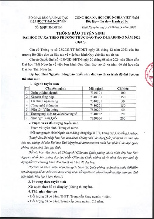 Tuyển sinh Đại học từ xa Đại học Thái Nguyên đợt 5 năm 2026