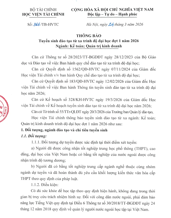 AOF Học Viện Tài Chính Thông Báo Tuyển sinh đào tạo từ xa trình độ đại học đợt 1 năm 2026