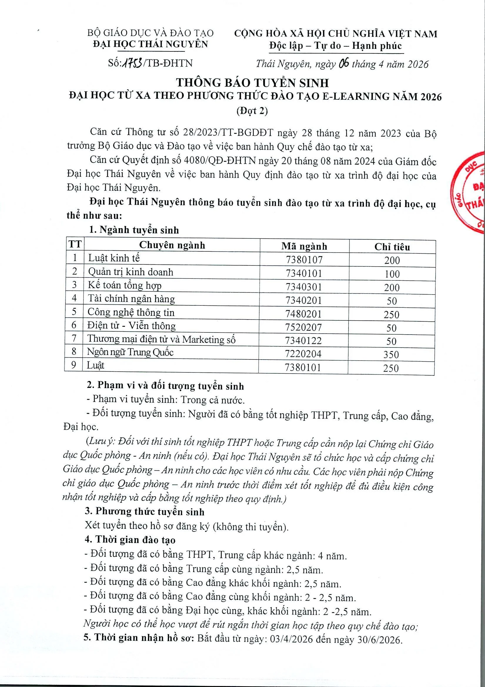 TNU THÔNG BÁO TUYỂN SINH ĐẠI HỌC TỪ XA (E-LEARNING) ĐỢT 2 NĂM 2026