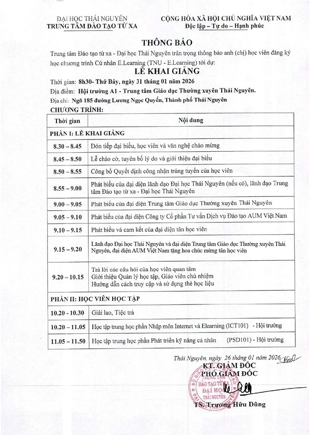 🎓[THÔNG BÁO] LỄ KHAI GIẢNG CHƯƠNG TRÌNH CỬ NHÂN E-LEARNING TNU 2026 TẠI THÁI NGUYÊN