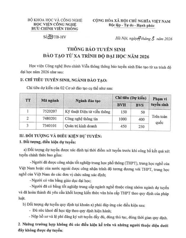 [THÔNG BÁO] TUYỂN SINH ĐẠI HỌC TỪ XA HỌC VIỆN CÔNG NGHỆ BƯU CHÍNH VIỄN THÔNG (PTIT) NĂM 2026